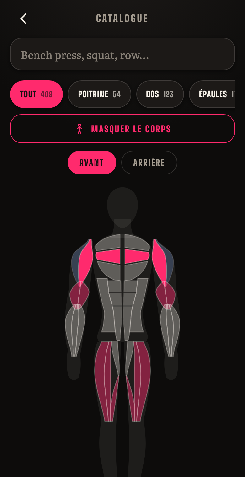 Le corps du catalogue, coloré muscle par muscle selon la force.