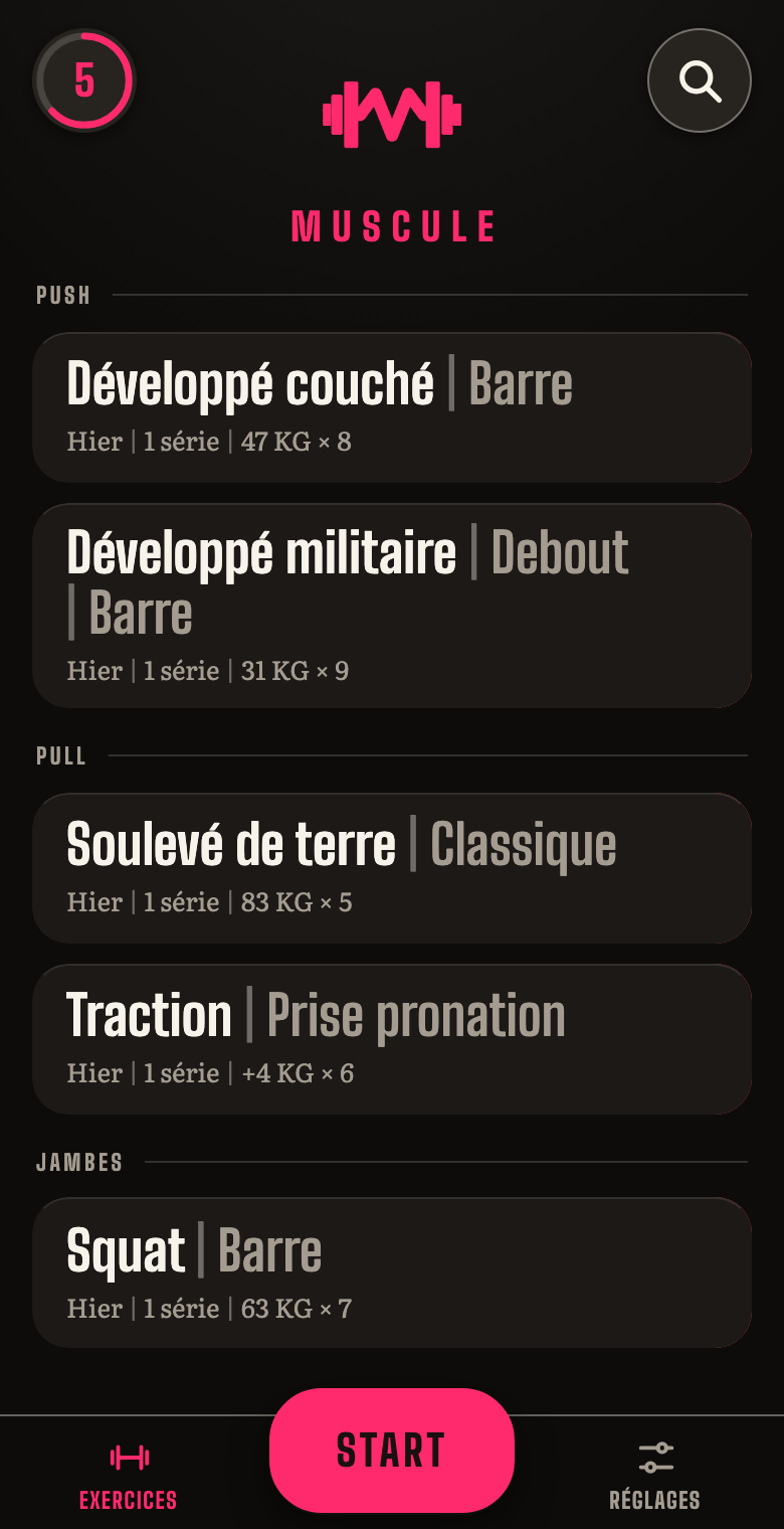 La liste des exercices du jour dans Muscule.