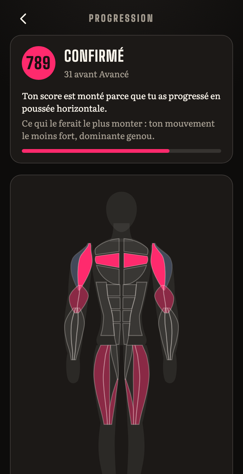 Le score de force et la carte du corps colorée muscle par muscle.
